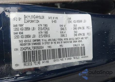 2003 Dodge Grand Caravan Es из США, поврежденный, VIN 2D4GP54L73R356664